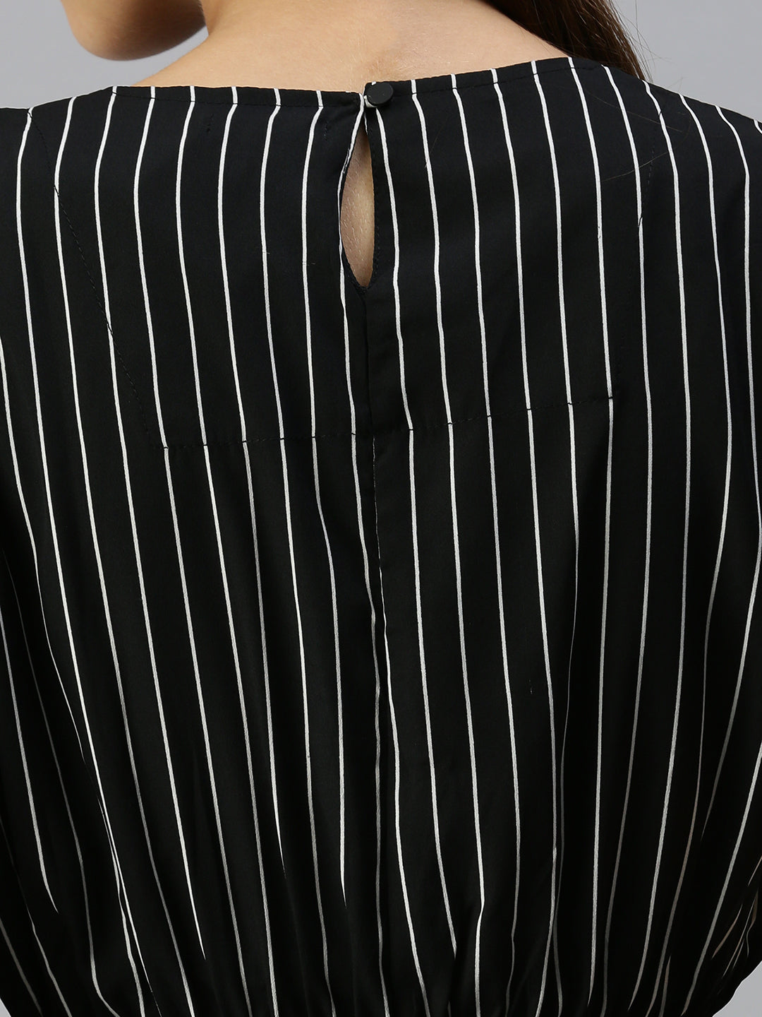 Women's Black Striped Crepe Blouson Dress