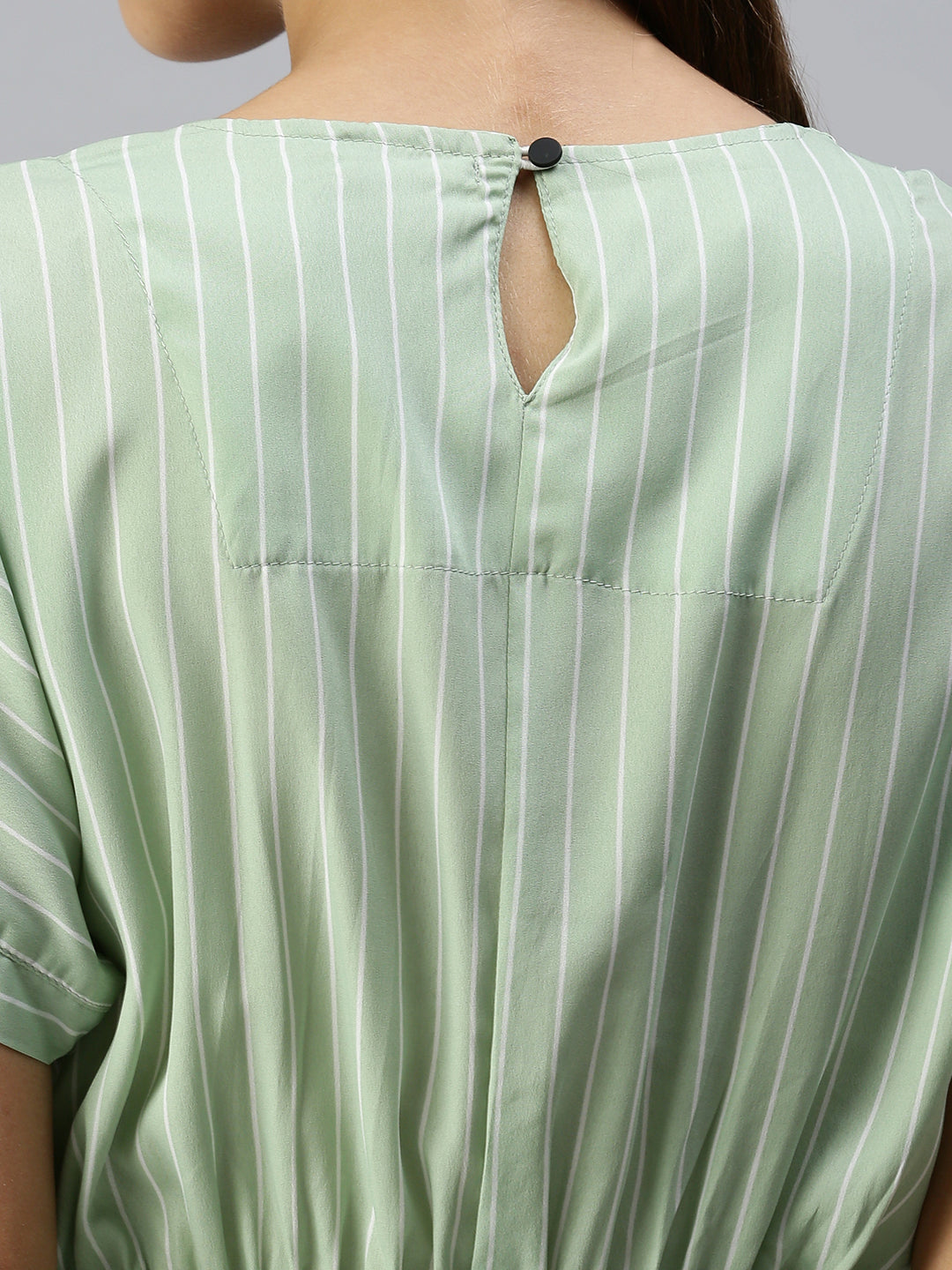 Women's Green Striped Crepe A-Line Midi Dress