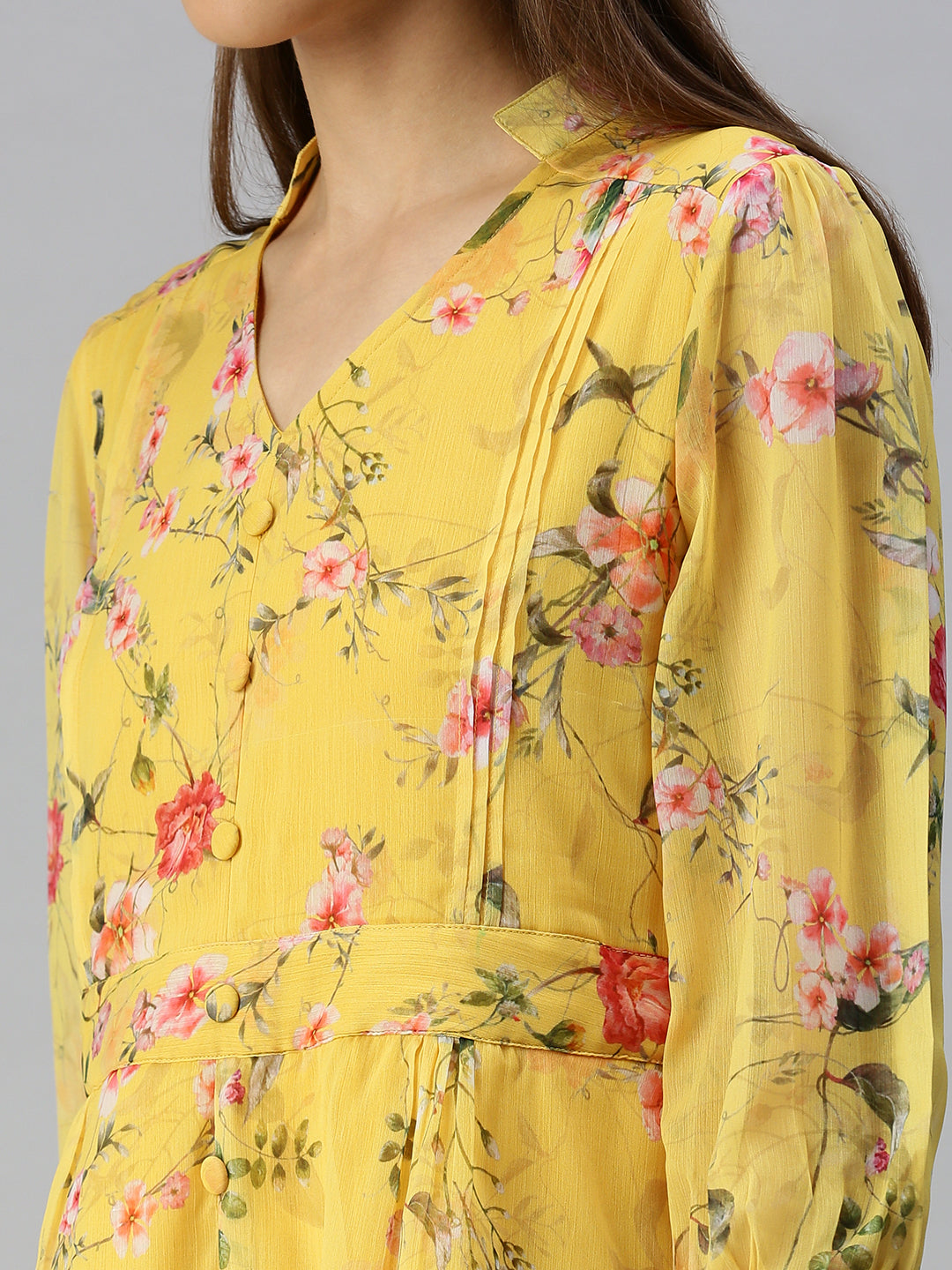 Women's Yellow Floral Layered Crepe A-Line Midi Dress