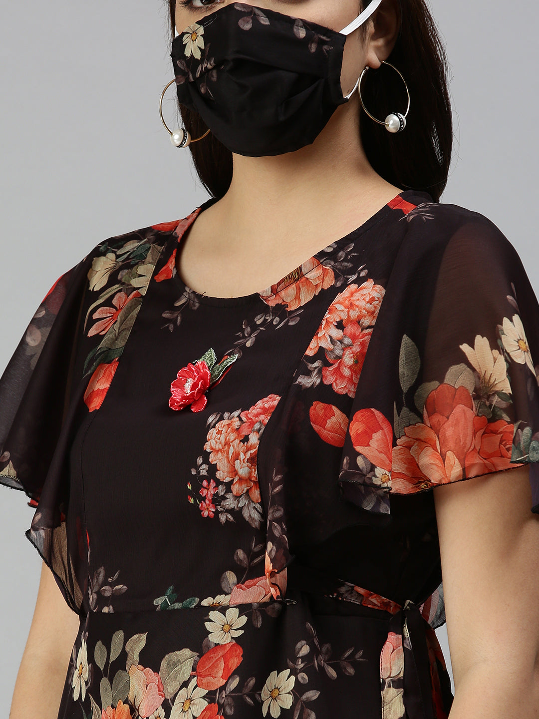 Women's Black Floral Chiffon Midi Dress