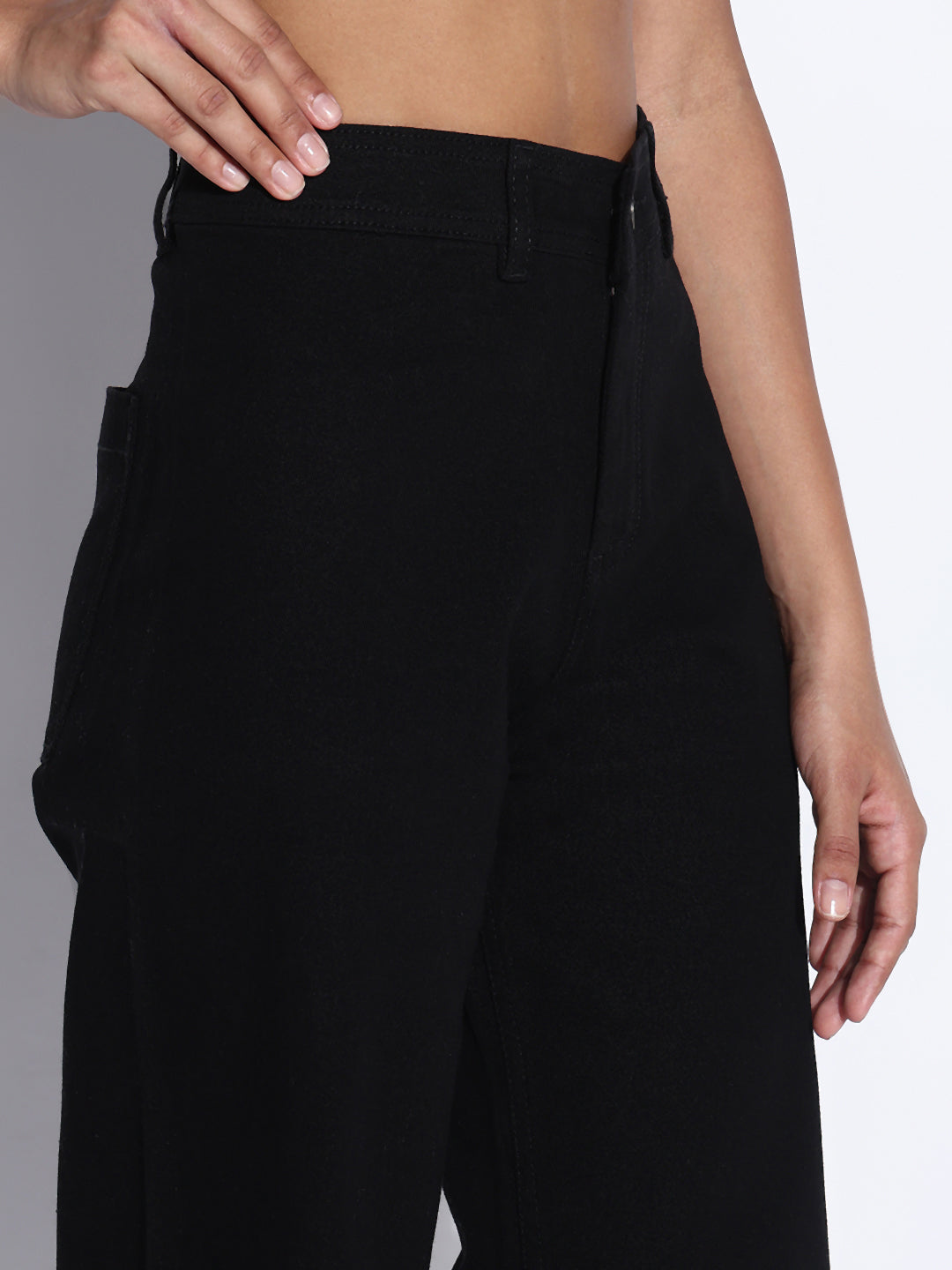 Women's Solid Black Frayed Hem Wide Leg Jeans