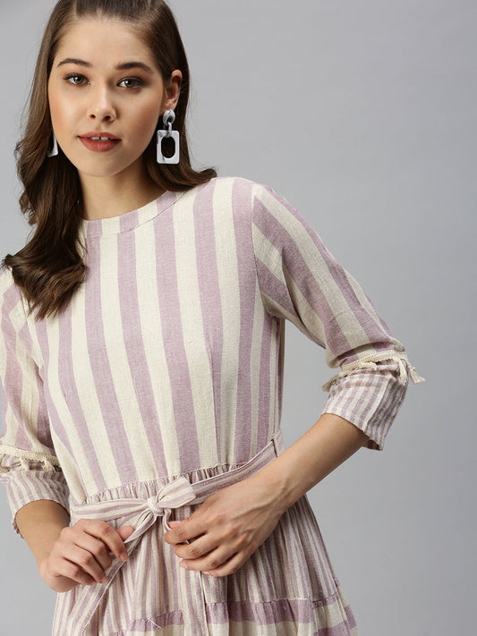 Women's Off White Striped Organic Cotton A-Line Dress