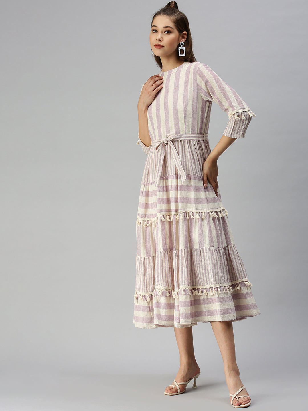 Women's Off White Striped Organic Cotton A-Line Dress