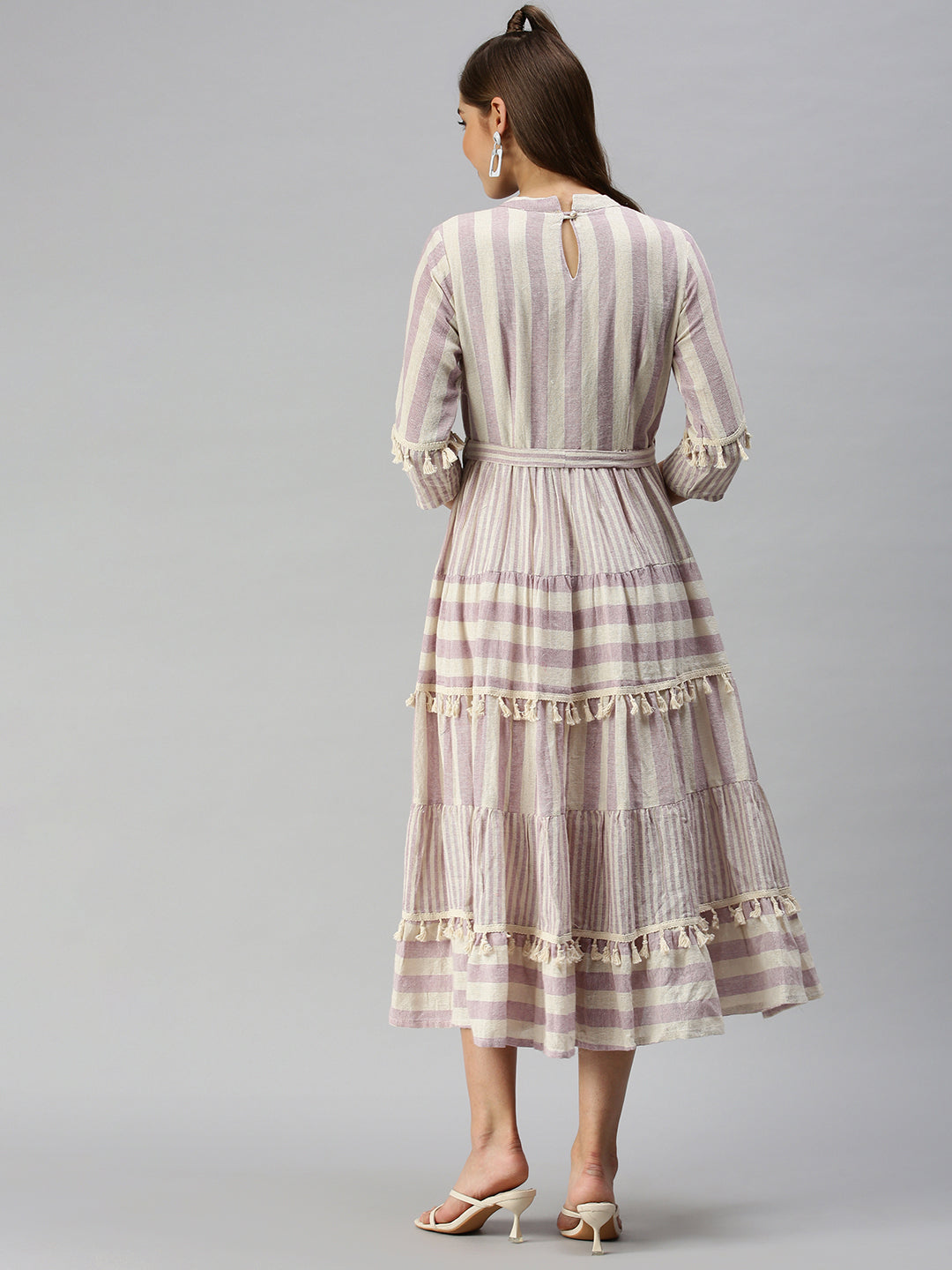 Women's Off White Striped Organic Cotton A-Line Dress