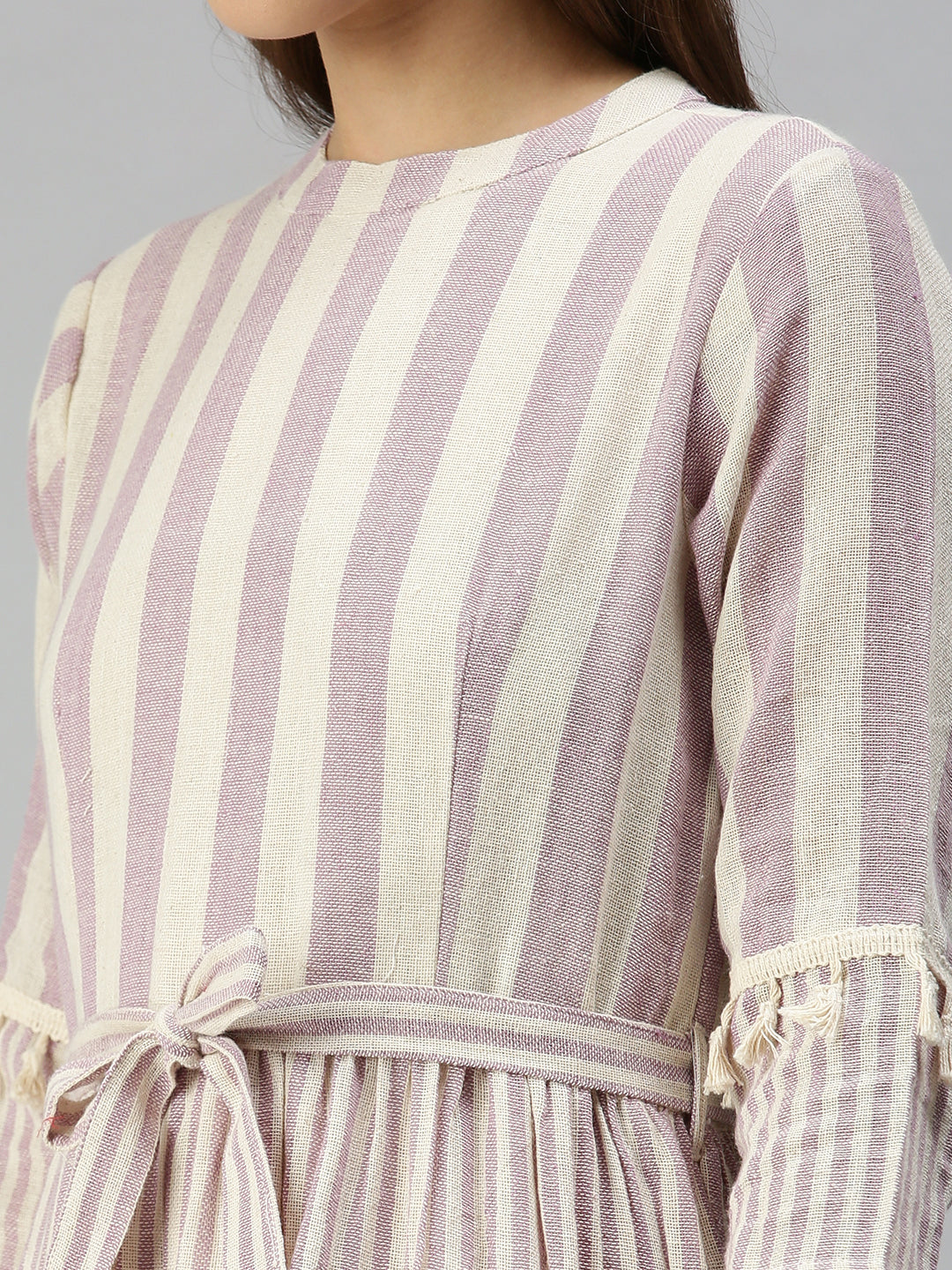 Women's Off White Striped Organic Cotton A-Line Dress