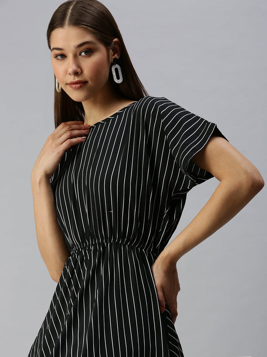 Women's Black Striped Crepe Blouson Dress