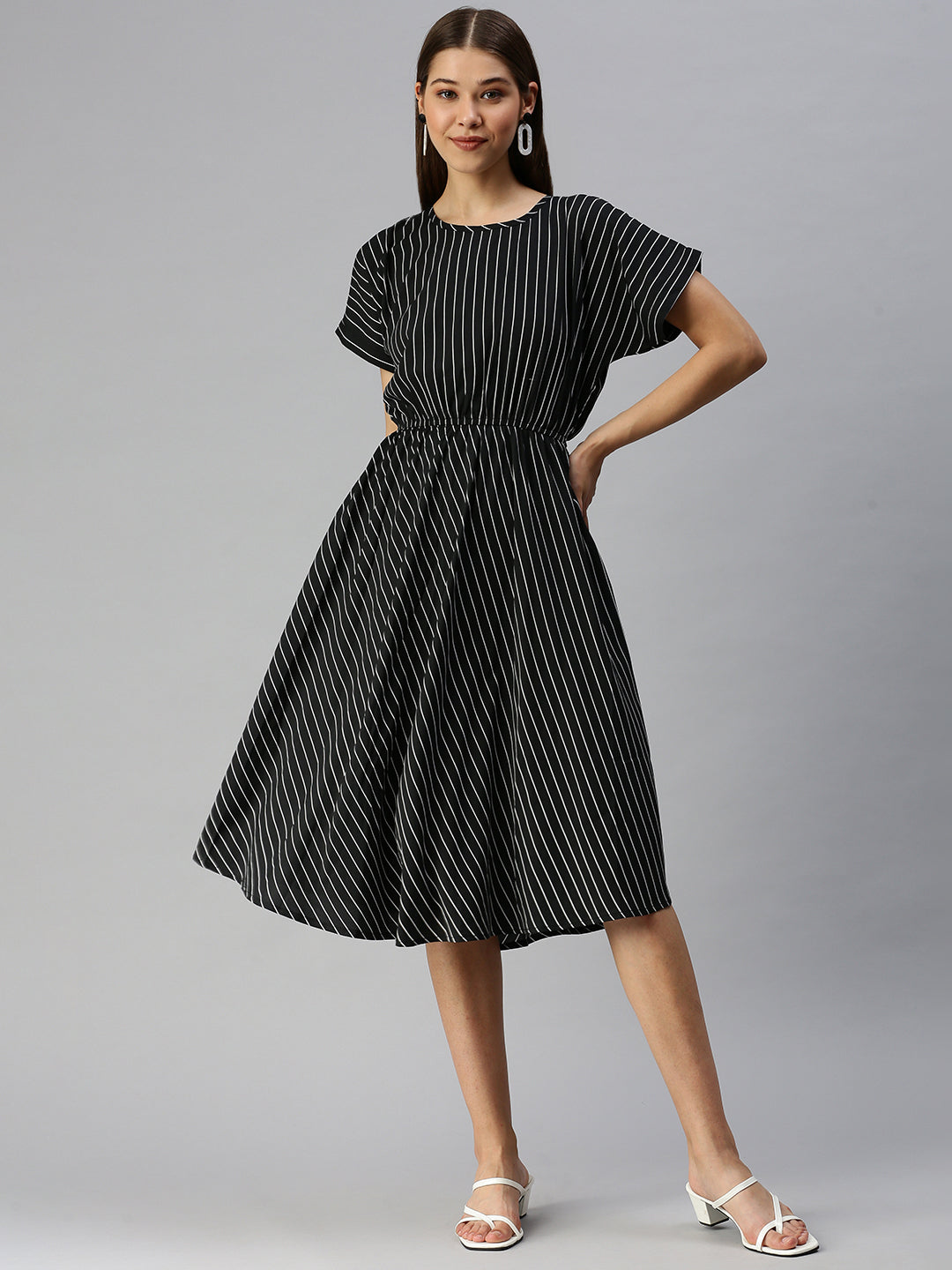 Women's Black Striped Crepe Blouson Dress