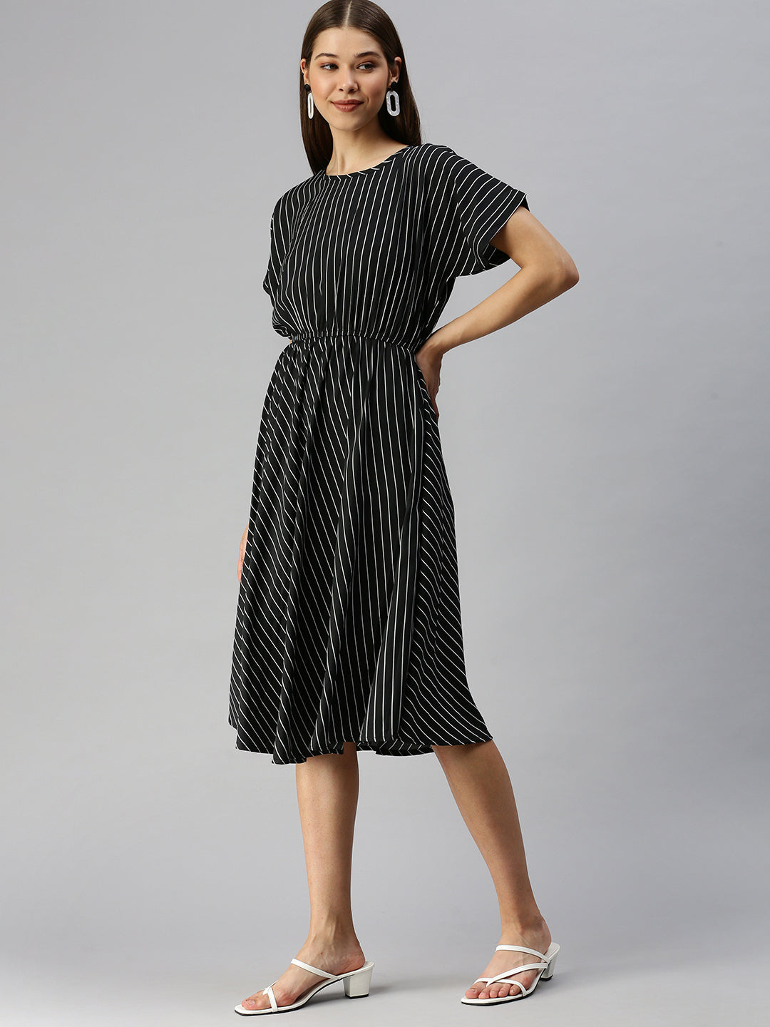 Women's Black Striped Crepe Blouson Dress