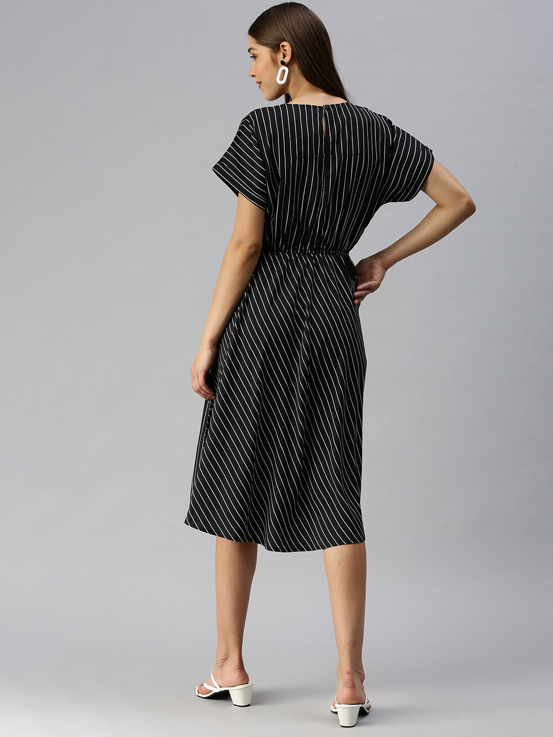 Women's Black Striped Crepe Blouson Dress