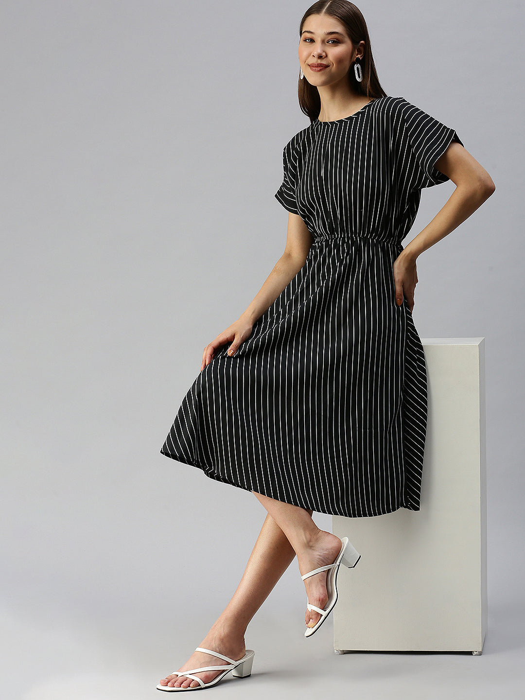 Women's Black Striped Crepe Blouson Dress
