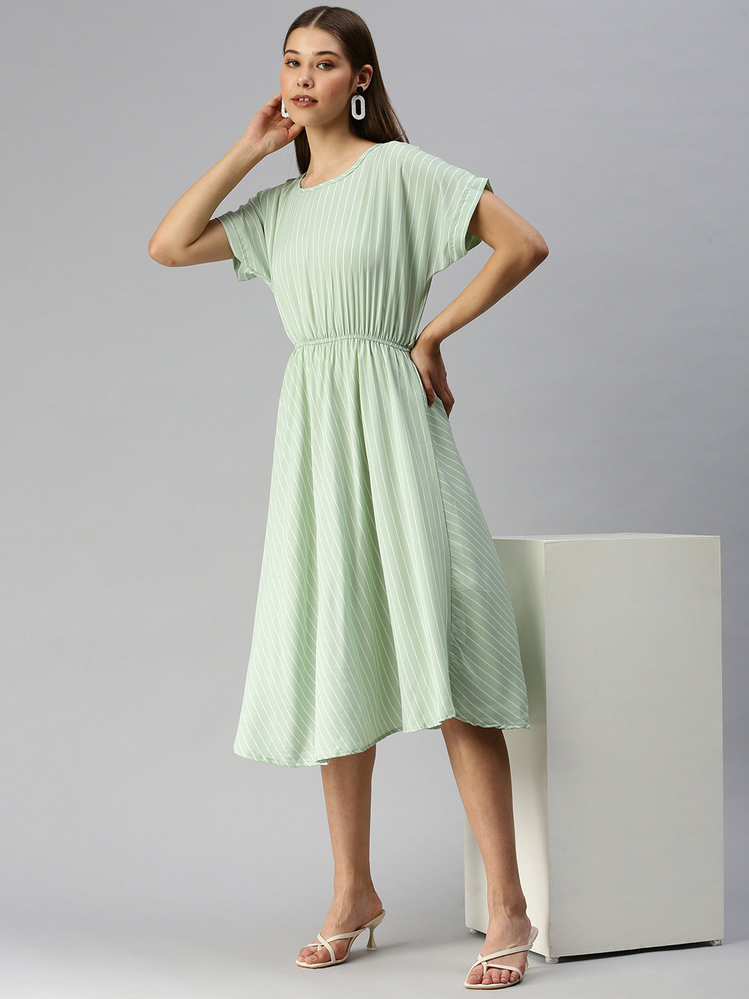 Women's Green Striped Crepe A-Line Midi Dress