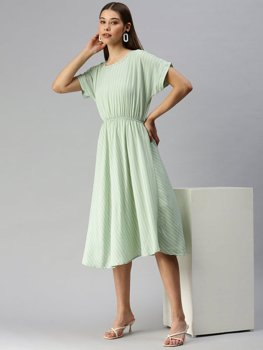 Women's Green Striped Crepe A-Line Midi Dress