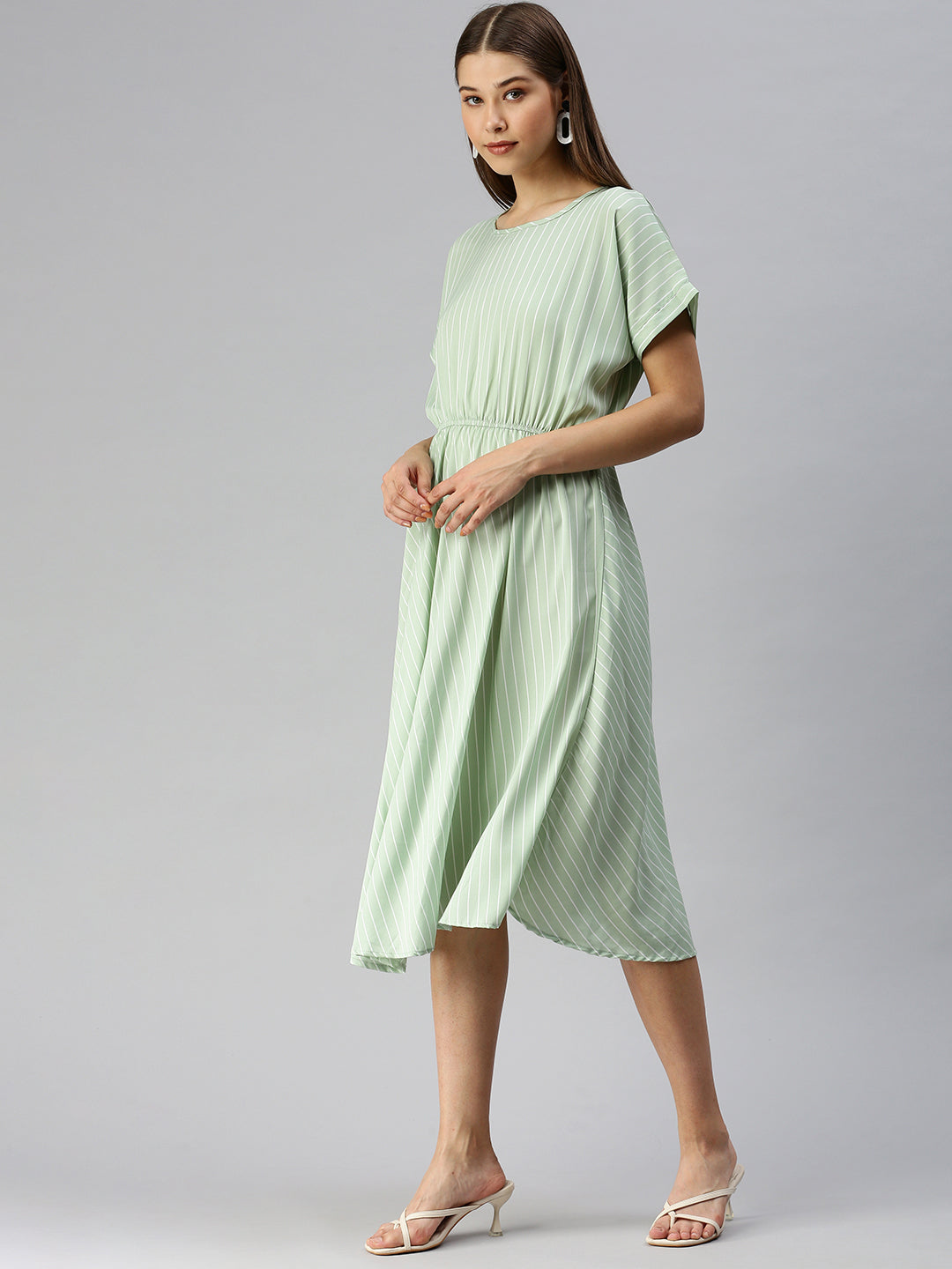 Women's Green Striped Crepe A-Line Midi Dress