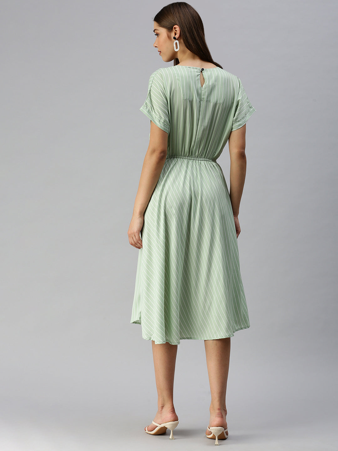 Women's Green Striped Crepe A-Line Midi Dress