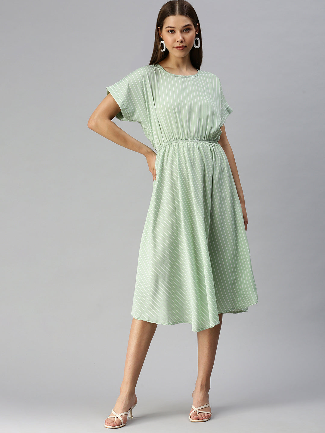 Women's Green Striped Crepe A-Line Midi Dress