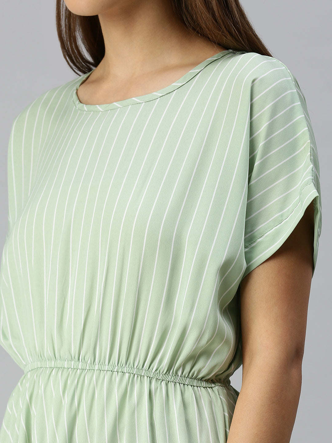 Women's Green Striped Crepe A-Line Midi Dress