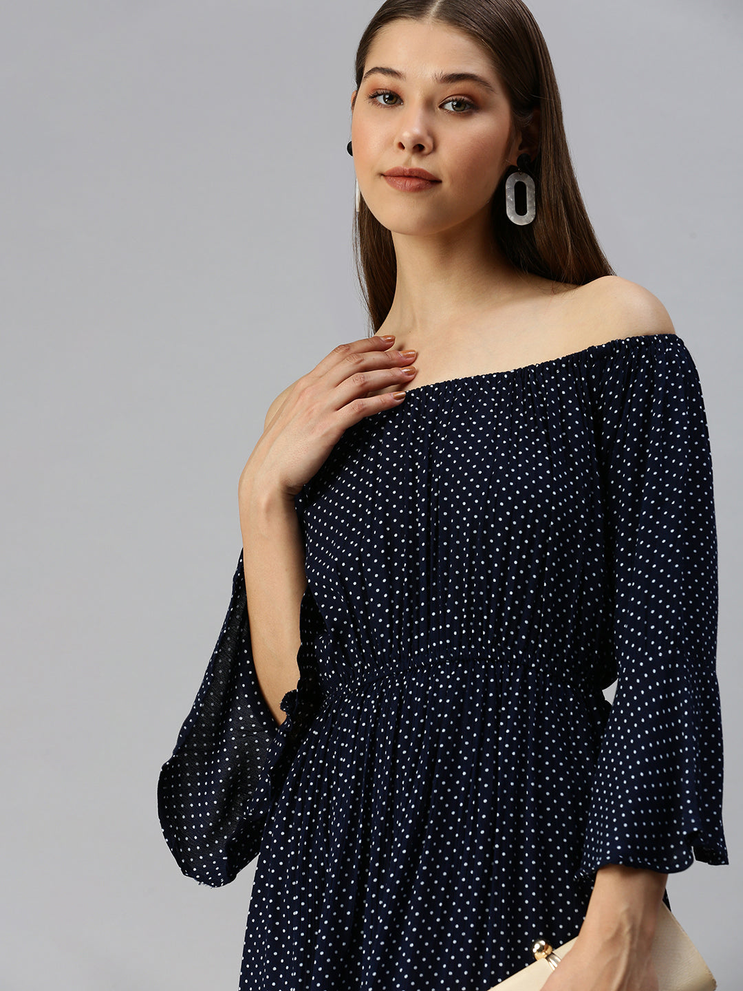 Women's Navy Blue Off-Shoulder Polka Dots Printed A-Line Dress