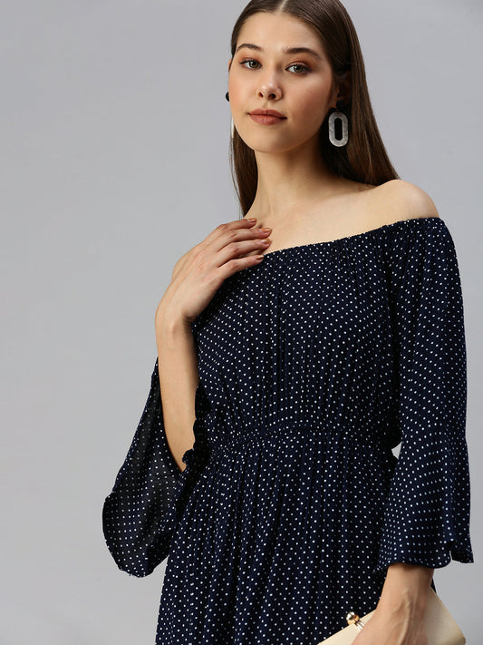 Women's Navy Blue Off-Shoulder Polka Dots Printed A-Line Dress