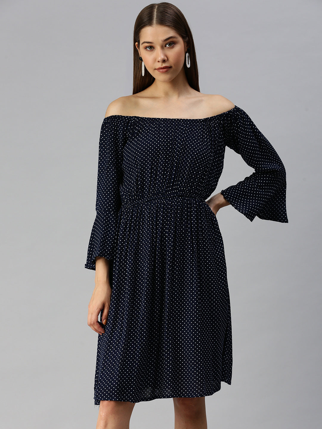 Women's Navy Blue Off-Shoulder Polka Dots Printed A-Line Dress