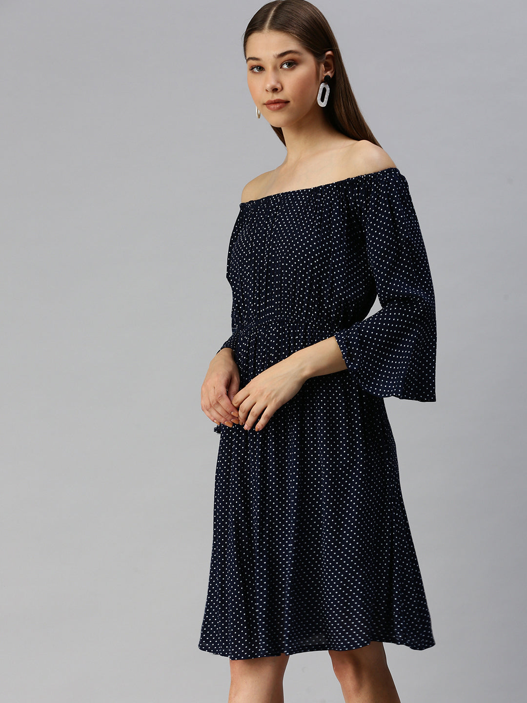 Women's Navy Blue Off-Shoulder Polka Dots Printed A-Line Dress