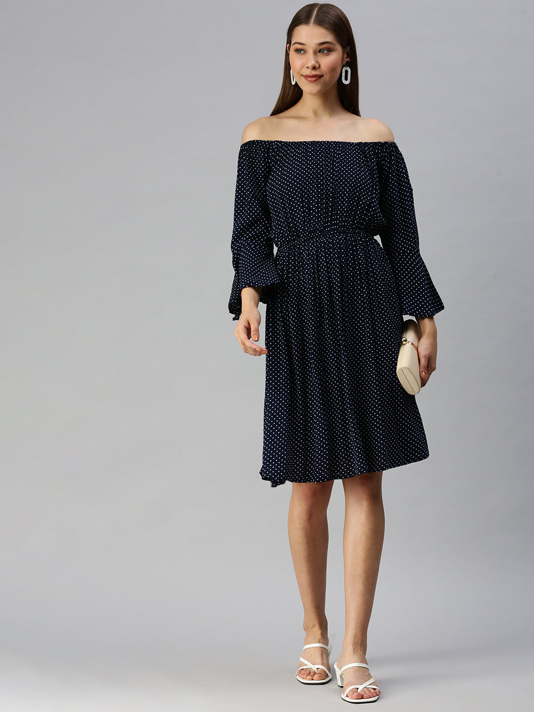 Women's Navy Blue Off-Shoulder Polka Dots Printed A-Line Dress