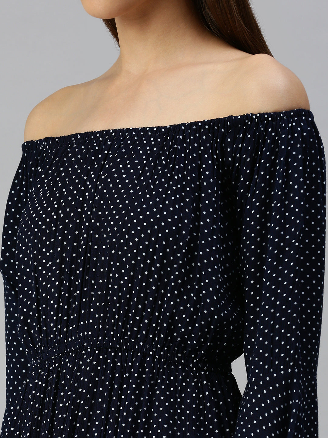 Women's Navy Blue Off-Shoulder Polka Dots Printed A-Line Dress