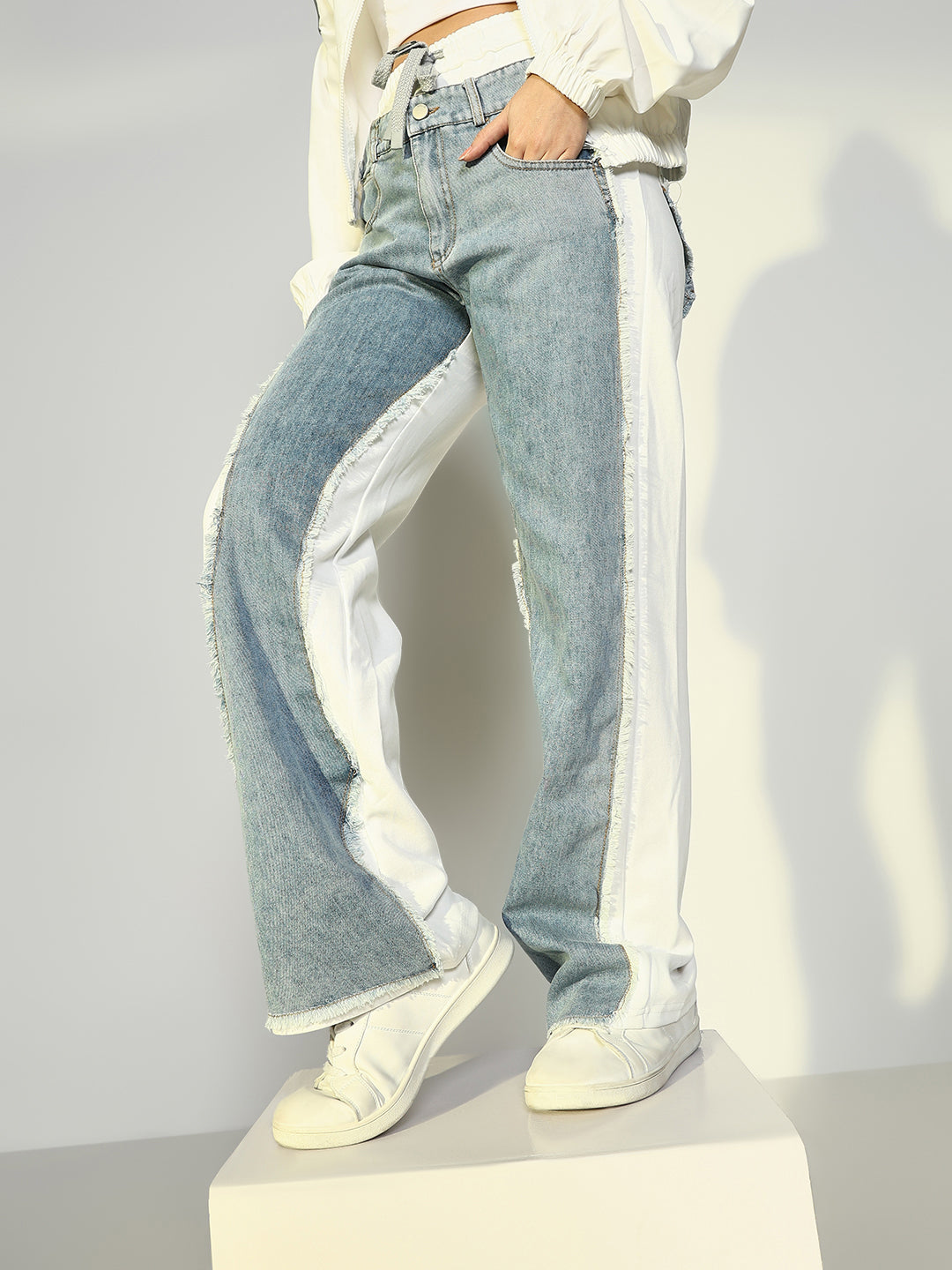 Women's White Jogger Style Jeans with Denim Patches