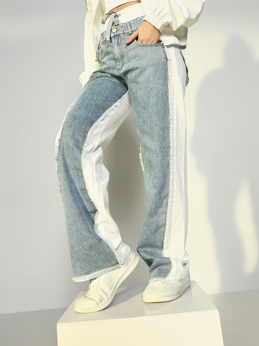 Women's White Jogger Style Jeans with Denim Patches
