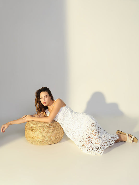 Women's Solid White A Line Crochet Dress