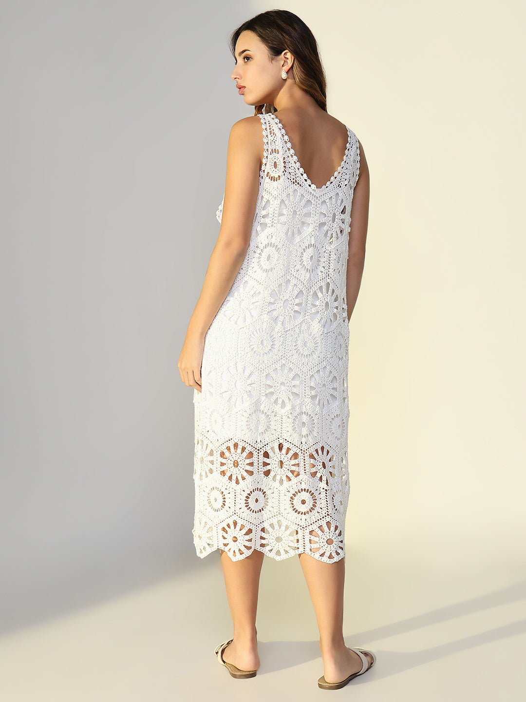 Women's Solid White A Line Crochet Dress