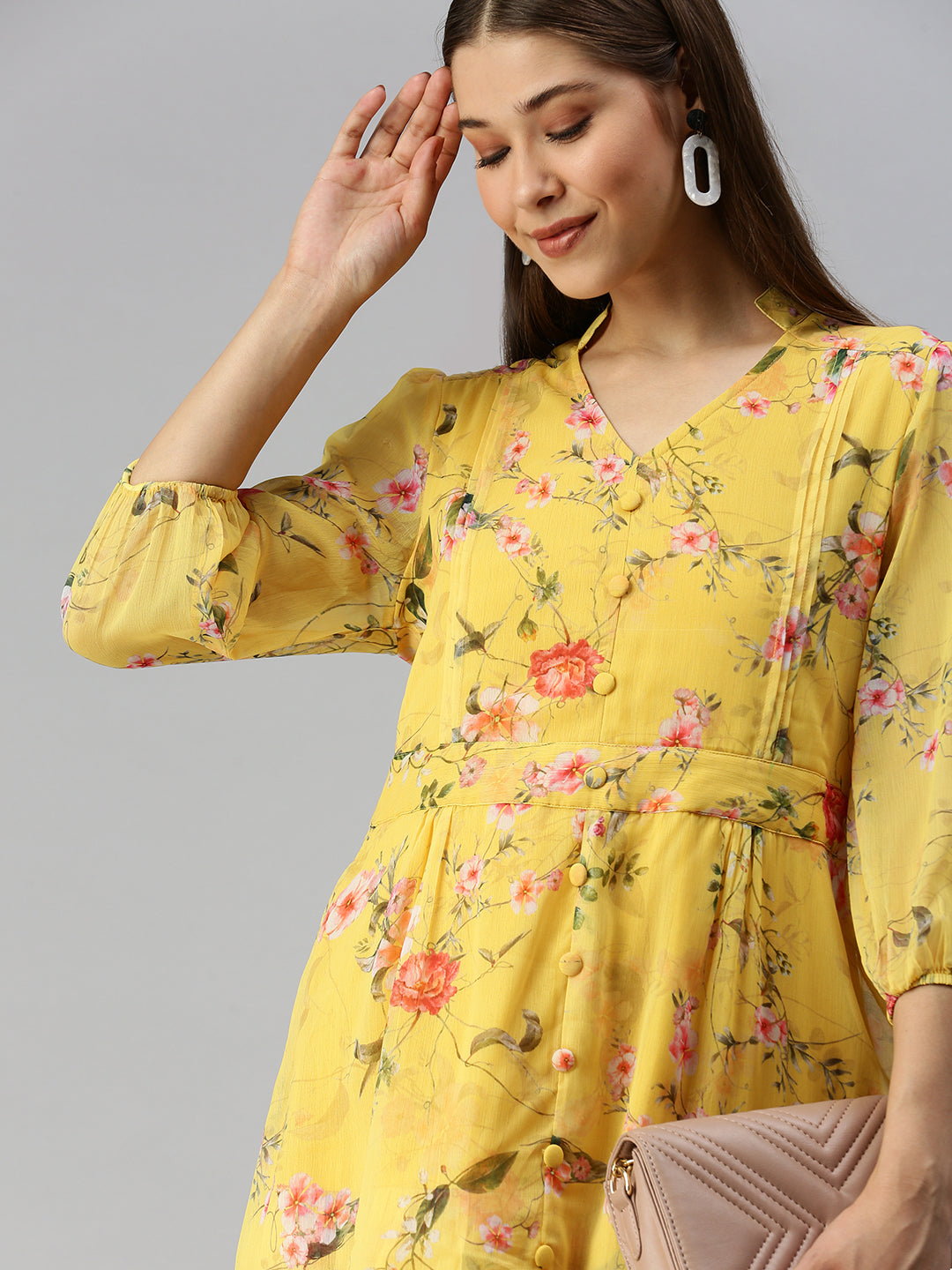 Women's Yellow Floral Layered Crepe A-Line Midi Dress