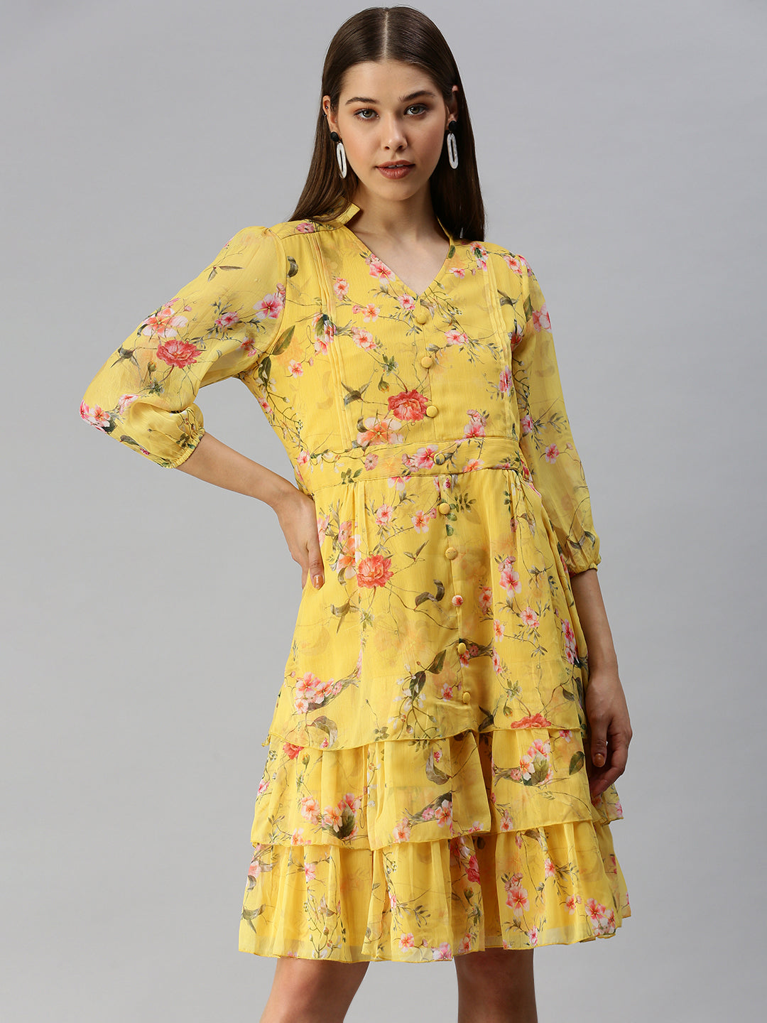 Women's Yellow Floral Layered Crepe A-Line Midi Dress