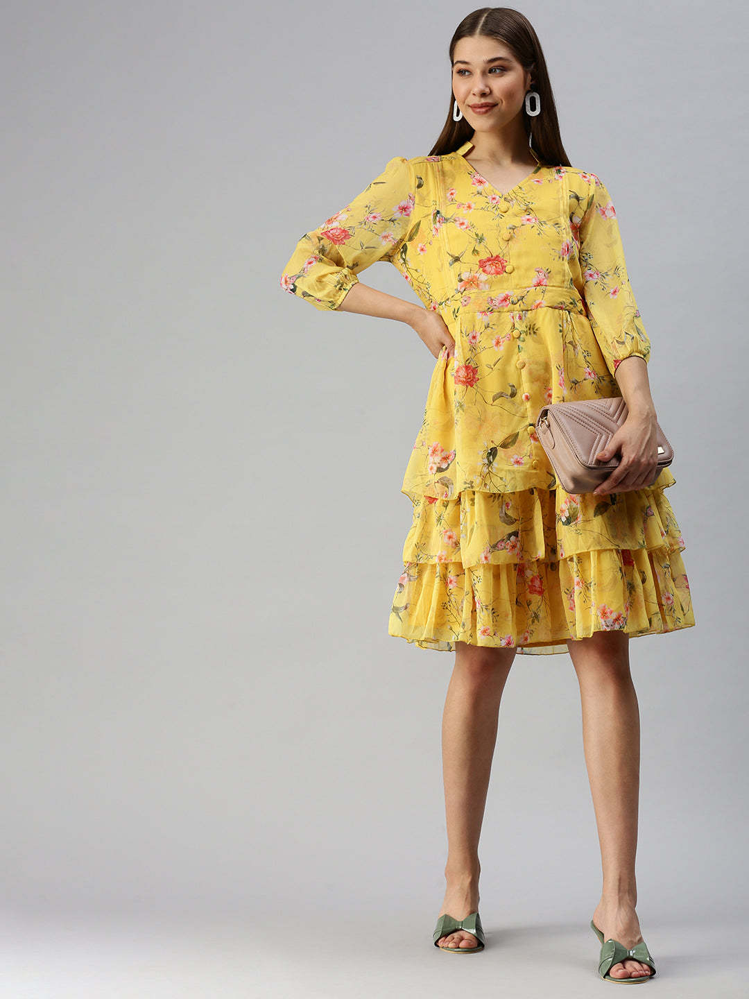 Women's Yellow Floral Layered Crepe A-Line Midi Dress