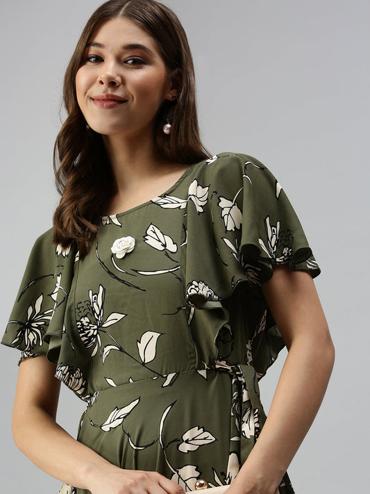 Women's Olive Floral Crepe A-Line Dress