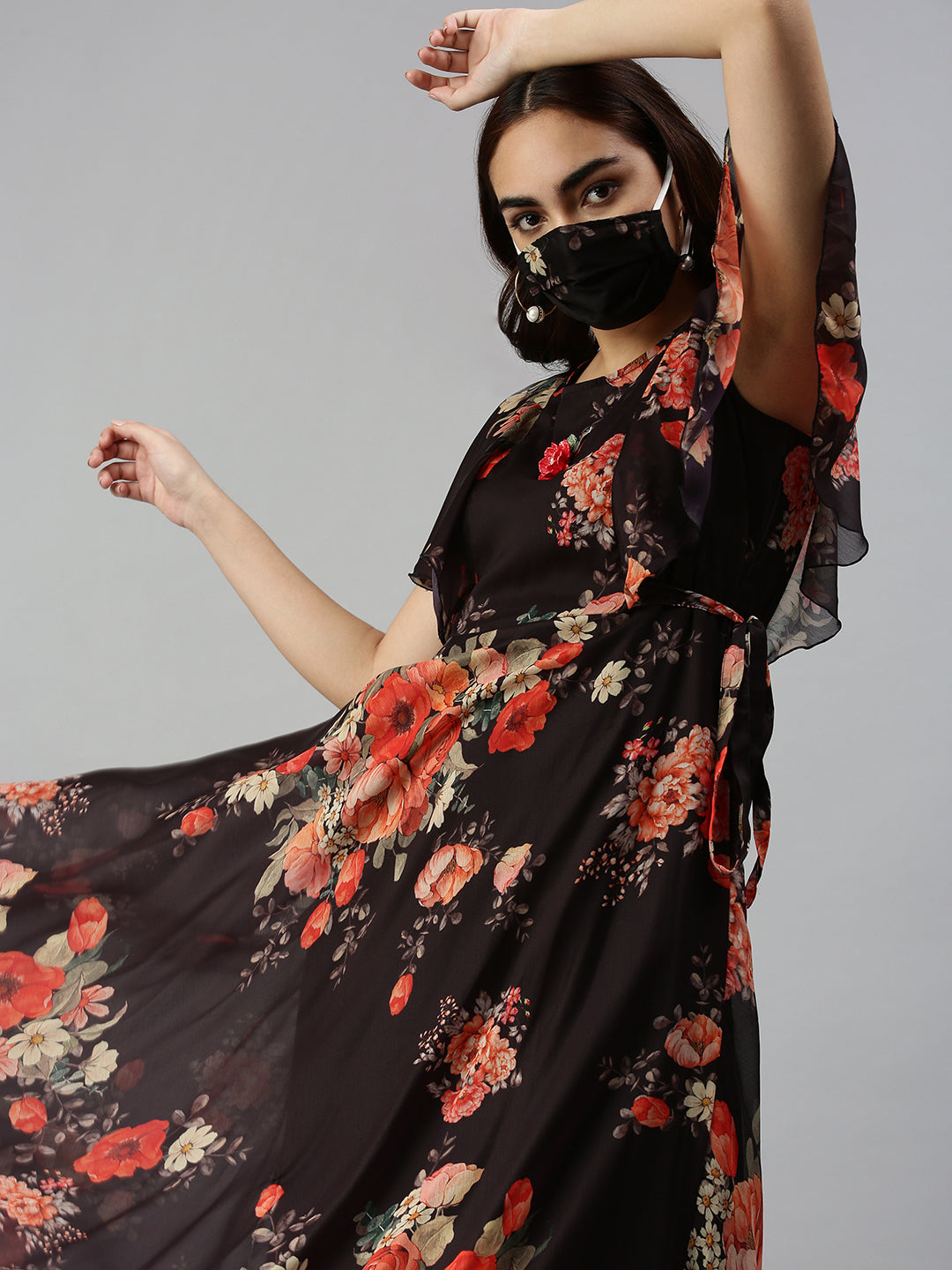 Women's Black Floral Chiffon Midi Dress