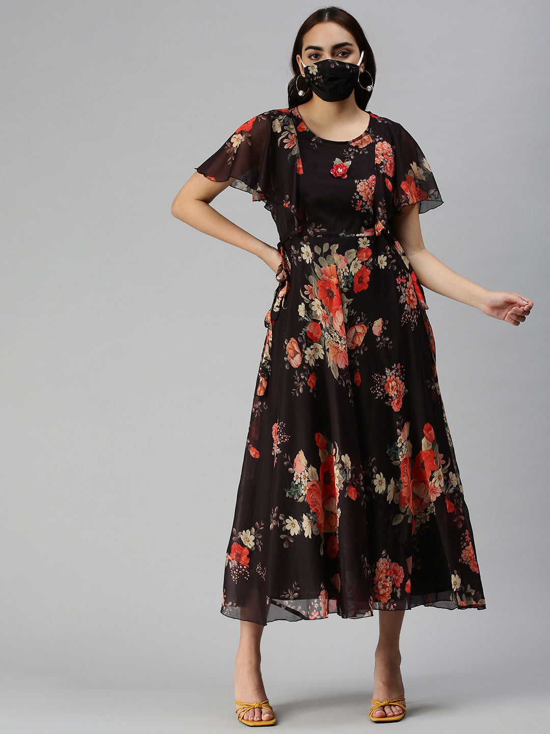 Women's Black Floral Chiffon Midi Dress