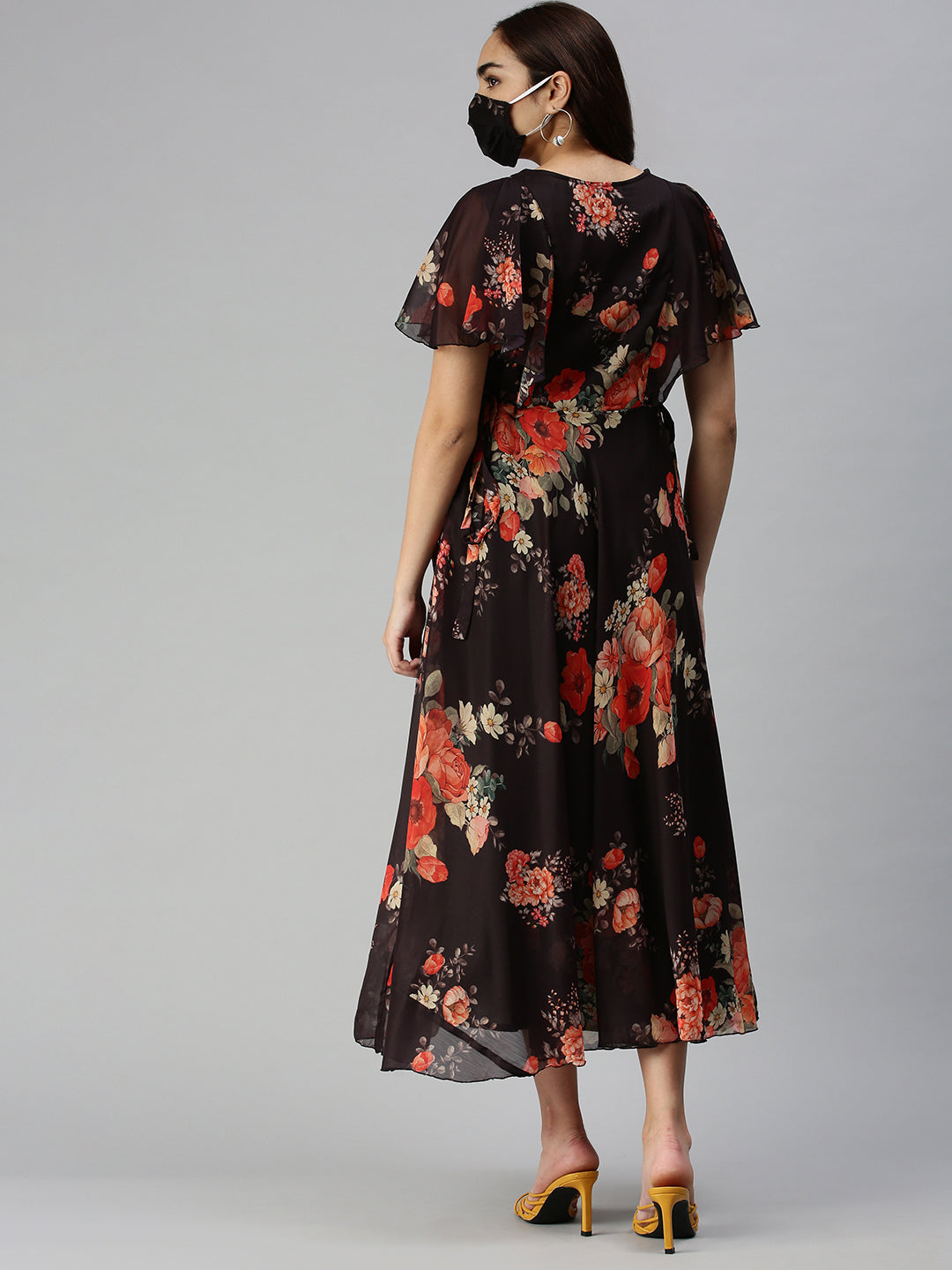 Women's Black Floral Chiffon Midi Dress