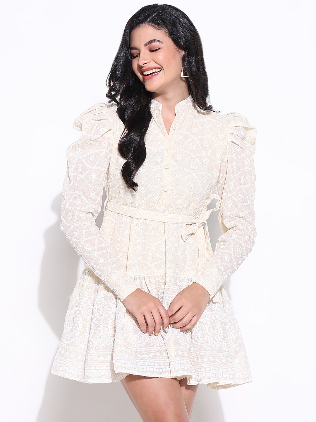 Women's Embroidered Cream Flare Mini Dress with Puff Sleeves