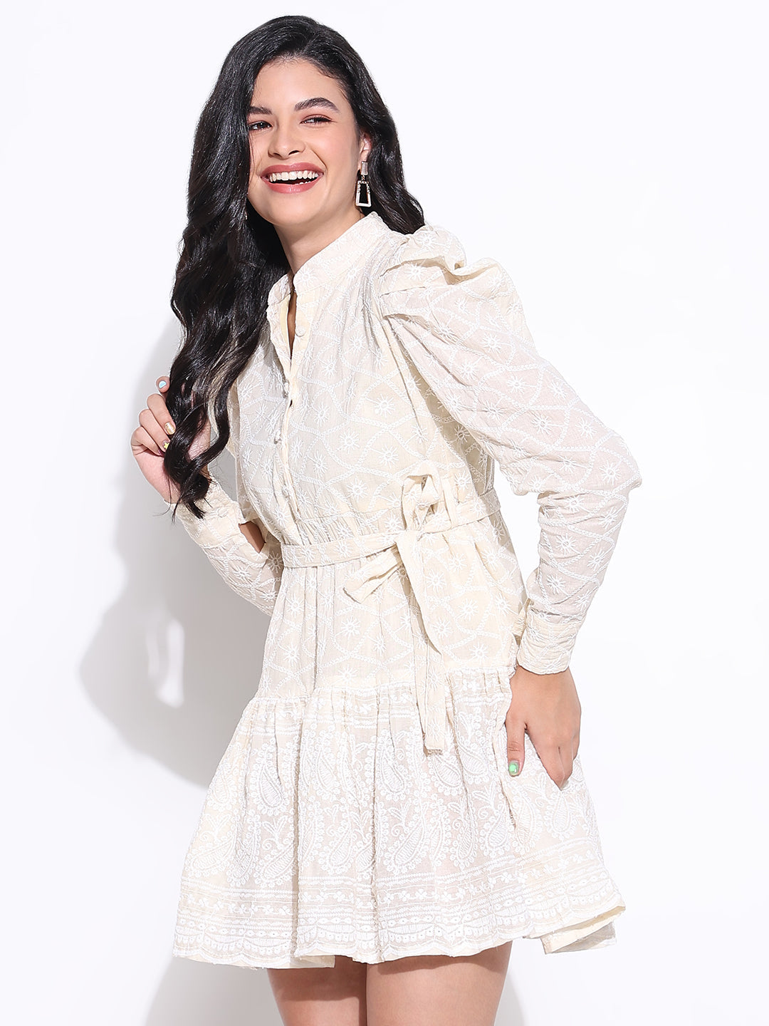 Women's Embroidered Cream Flare Mini Dress with Puff Sleeves