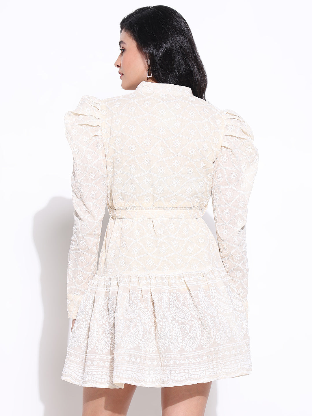 Women's Embroidered Cream Flare Mini Dress with Puff Sleeves
