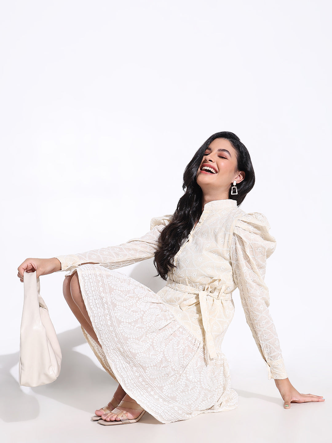 Women's Embroidered Cream Flare Mini Dress with Puff Sleeves