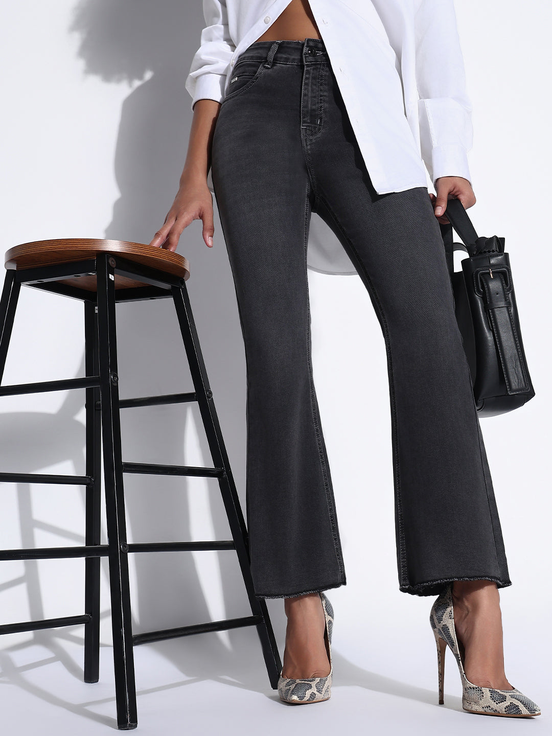 Women's Solid Charcoal Bootcut Jeans