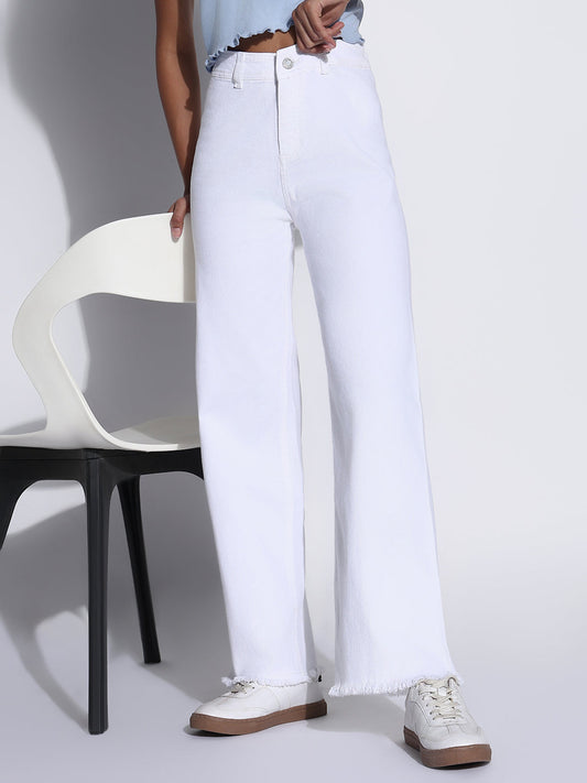 Women's Solid White Frayed Hem Wide Leg Jeans