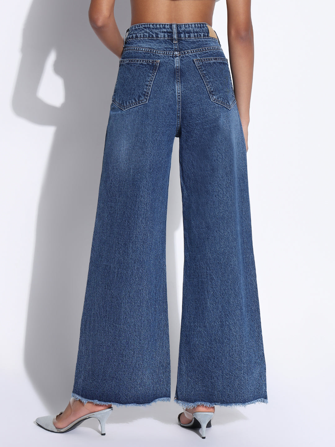 Women's Solid Navy Blue Ripped Wide Leg Jeans