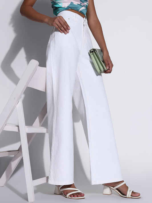 Women's Solid White Wide Leg Jeans