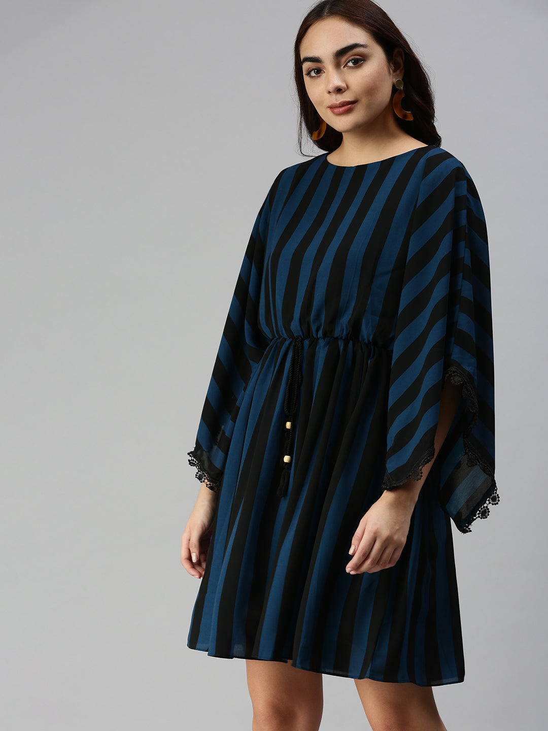 Women's Black Striped Georgette A-Line Midi Dress