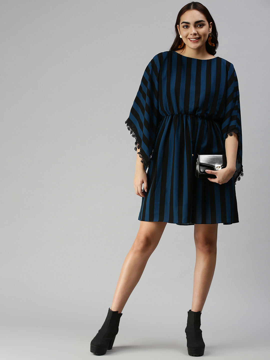 Women's Black Striped Georgette A-Line Midi Dress