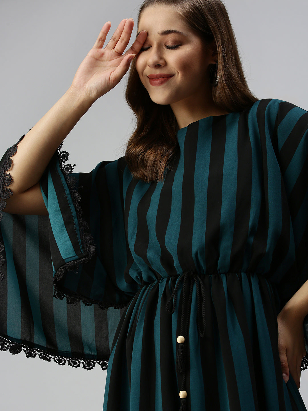 Women's Black Striped Georgette Kaftan Dress