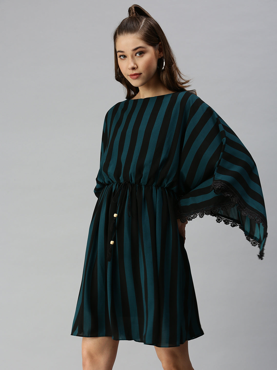 Women's Black Striped Georgette Kaftan Dress