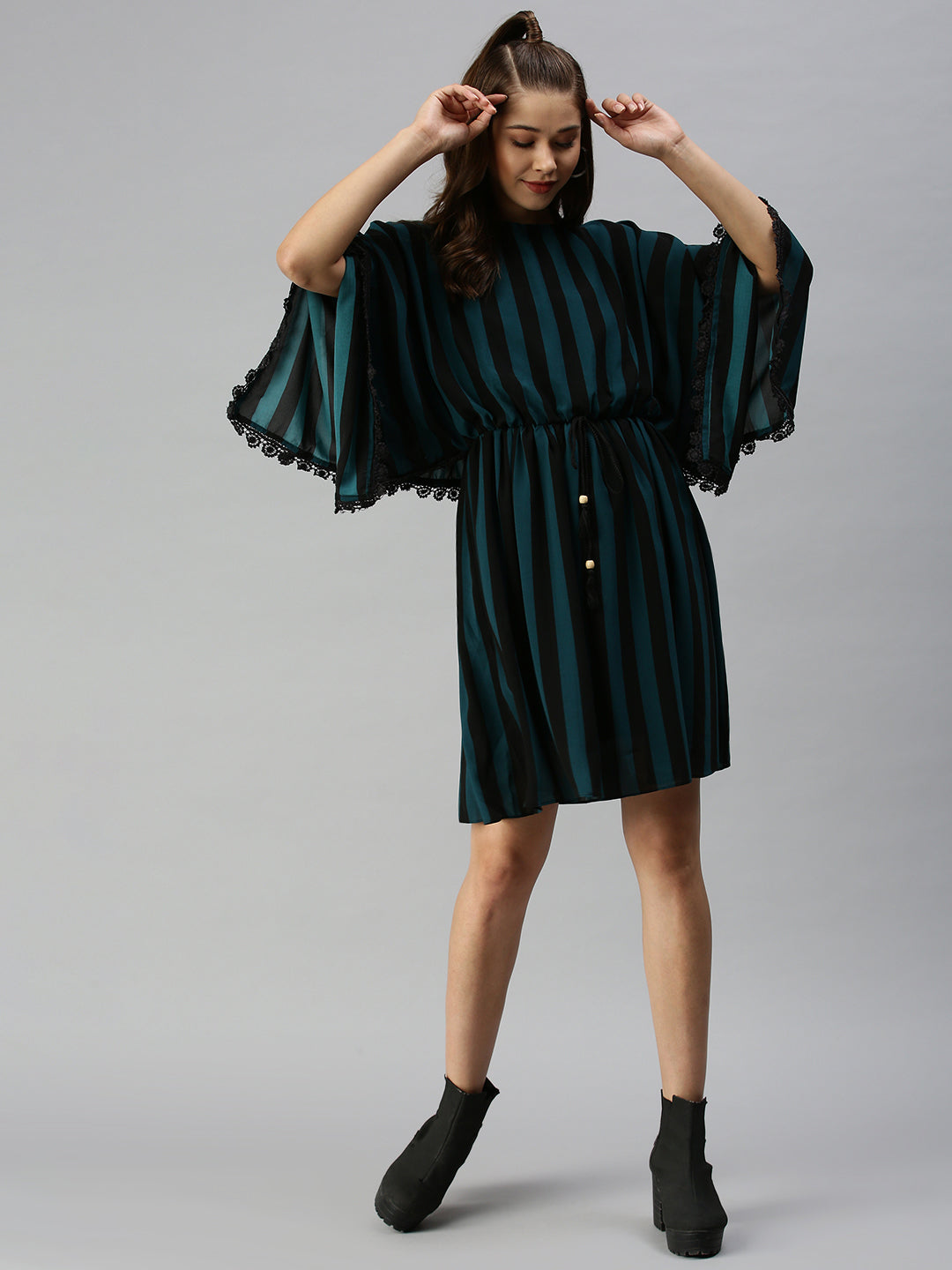 Women's Black Striped Georgette Kaftan Dress